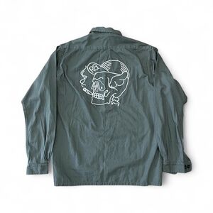 Rare - RTH Army Green Button-Up Shirt with Skull Graphic